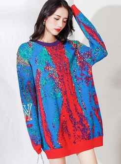 Print Color-blocked Mini Knitted Dress