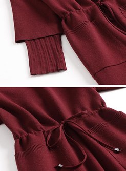 Turtleneck Drawstring Knee-length Knitted Dress