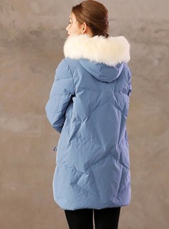 Hooded Color-blocked Down Coat Without Fur Collar