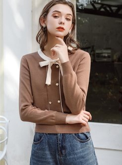 Crew Neck Bowknot Color-blocked Sweater