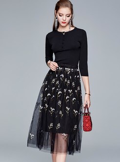 3/4 Sleeve Knitted Mesh Sequin Skirt Suits
