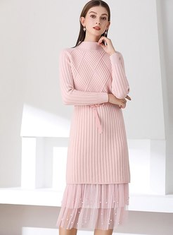 Sweet Long Sleeve Knitted Dress With Mesh Skirt
