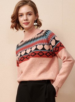 Mock Neck Print Pullover Loose Sweater
