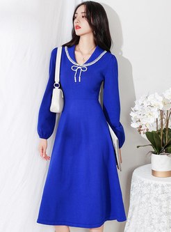 Lapel Long Sleeve A Line Knitted Dress