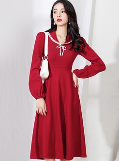Lapel Long Sleeve A Line Knitted Dress
