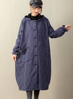 Plus Size Hooded Striped Long Coat