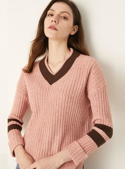 Color-blocked V-neck Pullover Sweater