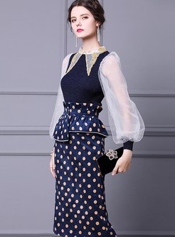 Knitted Patchwork Polka Dot Corduroy Skirt Suits