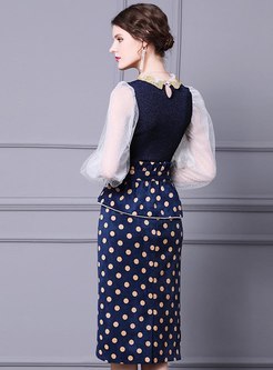 Knitted Patchwork Polka Dot Corduroy Skirt Suits