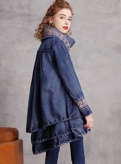 Stand Collar Embroidered Straight Denim Coat