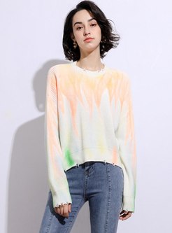 Pullover Tie Dye Crew Neck Ripped Sweater