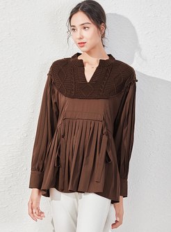 V-neck Knitted Pullover Pleated Blouse