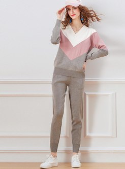 V-neck Pullover Color-blocked Knitted Pant Suits