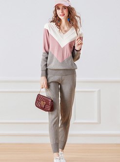 V-neck Pullover Color-blocked Knitted Pant Suits
