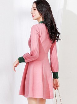 Color-blocked High Waisted A Line Knitted Dress