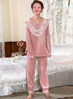 Lace Patchwork Ruffle Velvet Pajama Set