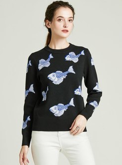 Crew Neck Embroidered Pullover Sweater