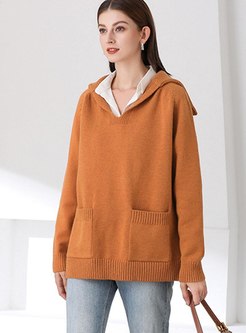 V-neck Solid Pullover Sweater With Pockets