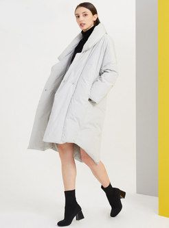 Notched Solid Straight Knee-length Down Coat