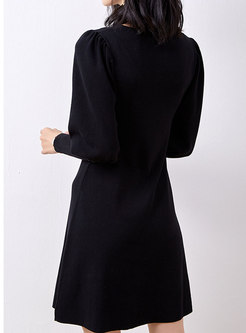 Square Neck Puff Sleeve Sweater Dress