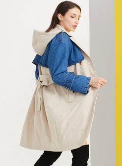 Hooded Denim Patchwork A Line Trench Coat