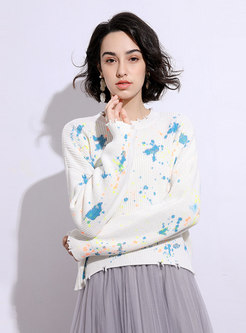 Crew Neck Tie Dye Ripped Pullover Sweater