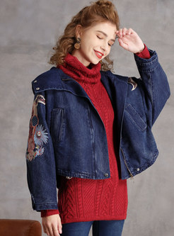 Hooded Embroidered Denim Straight Coat