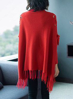 Turtleneck Pullover Fringed Cape Sweater