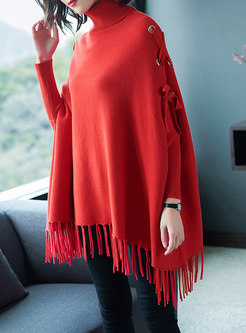 Turtleneck Pullover Fringed Cape Sweater