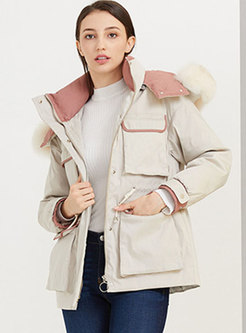 Fur Collar Color-blocked Drawstring Down Coat