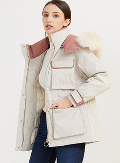 Fur Collar Color-blocked Drawstring Down Coat