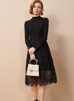 Black Lace Mesh Patchwork A Line Knitted Dress