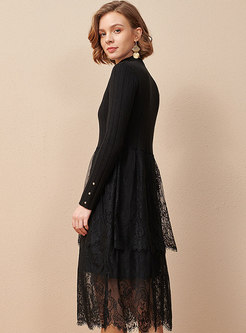 Black Lace Mesh Patchwork A Line Knitted Dress