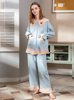 Color-blocked Lapel Cotton Pajama Set