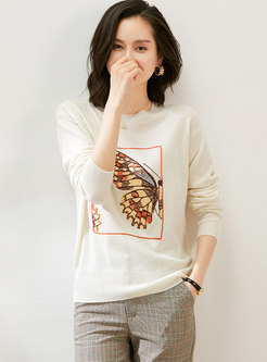 Crew Neck Butterfly Embroidered Sweater