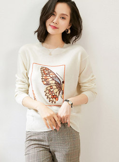 Crew Neck Butterfly Embroidered Sweater