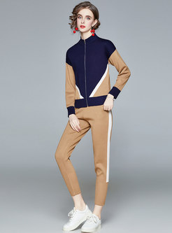 Color-blocked Mock Neck Slim Knitted Pant Suits
