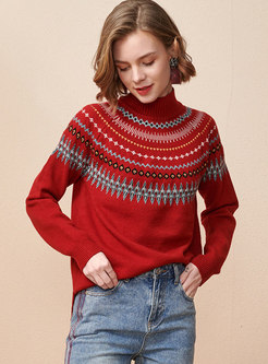Half Turtleneck Pullover Print Sweater