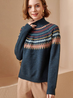 Half Turtleneck Pullover Print Sweater