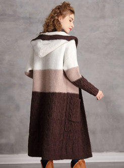 Hooded Color-blocked Straight Knitted Coat