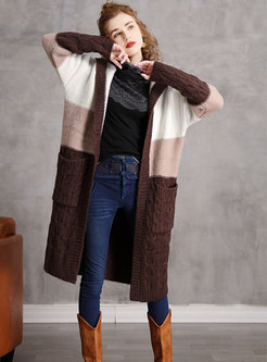 Hooded Color-blocked Straight Knitted Coat
