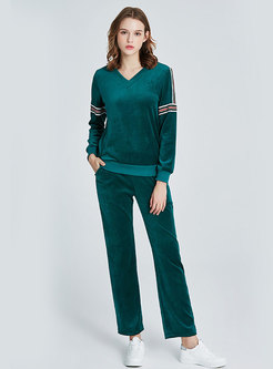 V-neck Color-blocked Striped Velvet Pajama Set