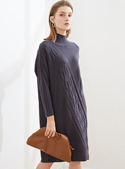 Turtleneck Knee-length Shift Sweater Dress