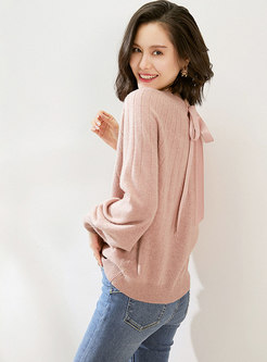 Crew Neck Bowknot Solid Pullover Sweater