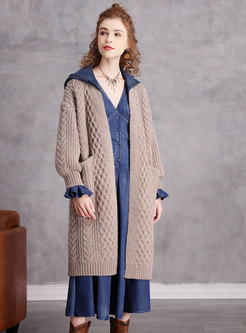 Removable Hooded Denim Patchwork Knitted Coat