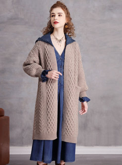Removable Hooded Denim Patchwork Knitted Coat