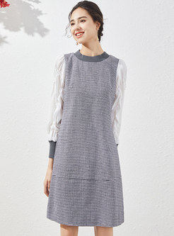 Houndstooth Patchwork Ruched Shift Dress