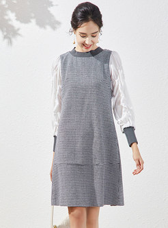 Houndstooth Patchwork Ruched Shift Dress