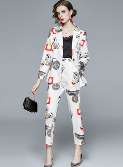 Notched Print Slim High Waisted Pant Suits