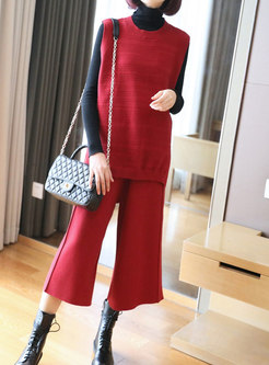 Crew Neck Sleeveless Wide Leg Knitted Pant Suits